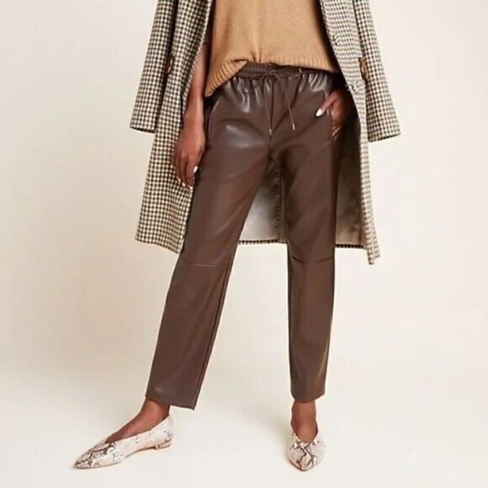 Anthropologie Cocoa Brown Sakura Vegan Faux Leather Jogger Pants Pull On Small
